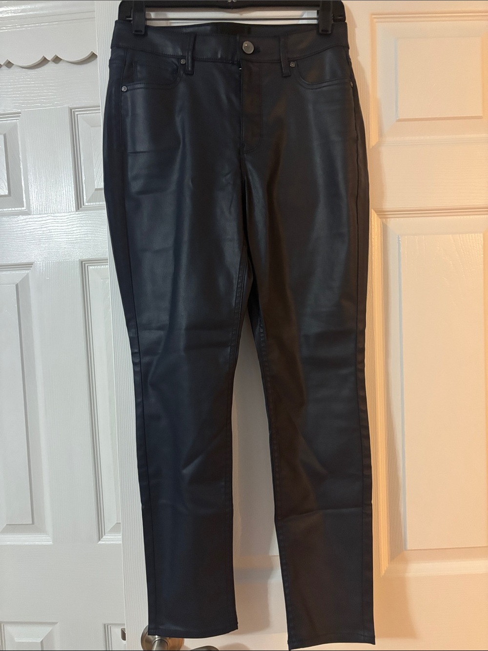 White House Black Market Officer Blue Faux Leather Curvy Skinny Jeans